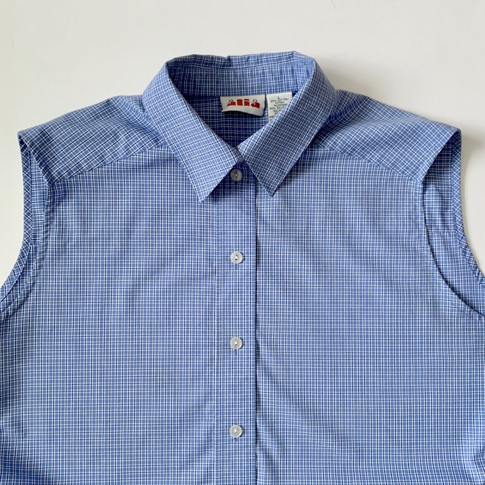 Vintage Alia Sleeveless Button Up Plaid Dress Shirt Blue Coastal Grandma Preppy - Picture 4 of 12
